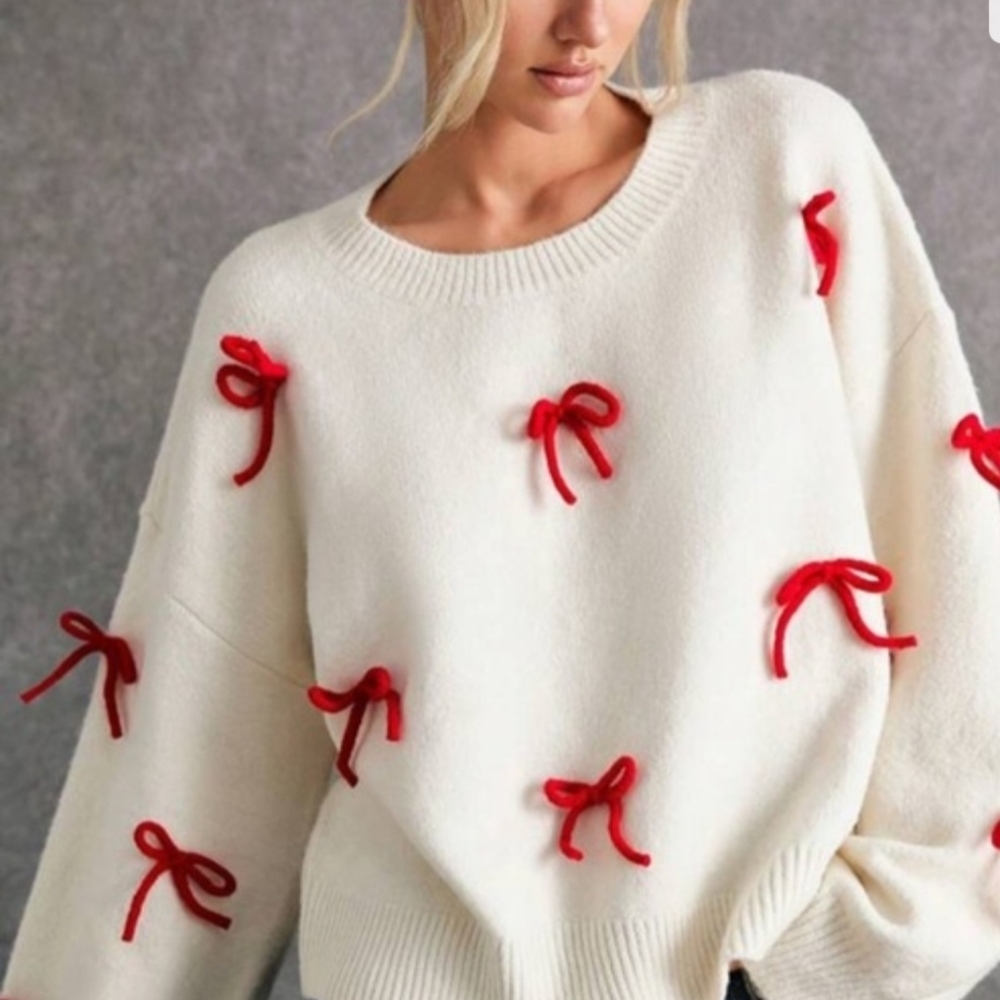Women's Cream Sweater with Red Bow Accents